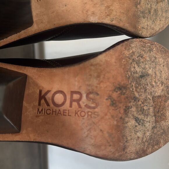 KORS Michael Kors Dark Brown Leather Mid Calf Heeled Boots Pull On Women’s Sz 6M - Picture 12 of 16